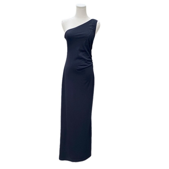90s one shoulder black maxi dress with floral beading - Picture 1 of 13